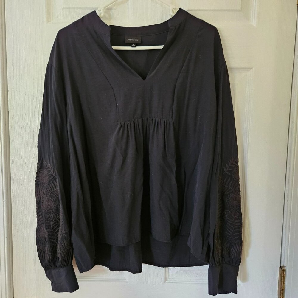 Who What Wear Blouse Top Shirt Womens Sz L Black Floral Embroidered Sleeves